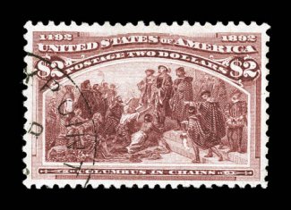 242, $2.00 Columbian, a highly select quality used single, extraordinarily well centered and margined, sumptuously rich color and a crisp clean impression, light town cancel
confined to the bottom left corner, extremely fine 2000 PF certificate