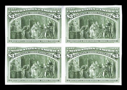 243P3, $3.00 Columbian, plate proof on India, block of four, large margins, tiny thin in top left stamp, otherwise extremely fine clear 1983 PF certificate.