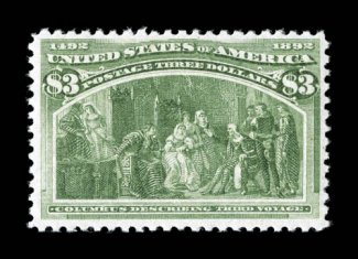 243, $3.00 Columbian, a lovely post office fresh mint single, bright fresh color, well centered and margined, unblemished o.g., never hinged, very fine 2002 PF
certificate.