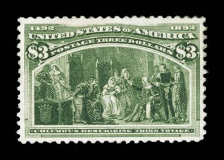 243, $3.00 Columbian, exceptionally well centered, strong color, large part disturbed o.g., shallow thin spot, very fine appearance.