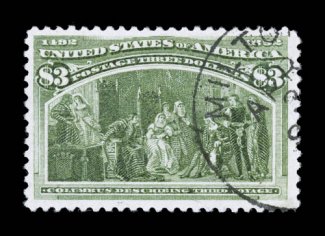 243, $3.00 Columbian, exceedingly bright and fresh, with beautiful rich color on pristine white paper, nicely centered within large margins, neatly struck c.d.s. pmk., very
fine 2002 and 2006 PF certificates, the latter one graded (VF 80 SMQ $