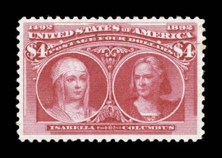 244, $4.00 Columbian, uncommonly well centered and margined, deep luxuriant color, o.g., lightly hinged, tiny natural and unobtrusive inclusion, extremely fine clear 1999 APS
certificate.