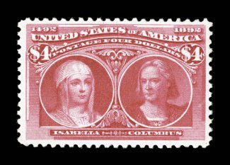 244, $4.00 Columbian, uncommonly well centered within large margins, fresh color, o.g., never hinged, very fine actually quite rare to find in this premium never hinged
condition 1997 PF certificate.