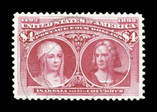 244, $4.00 Columbian, an absolutely superb used example of this value, with each and every aspect of this stamp being sheer perfection, including its mathematically precise
centering amid generously large margins, fabulously fresh and radiantly