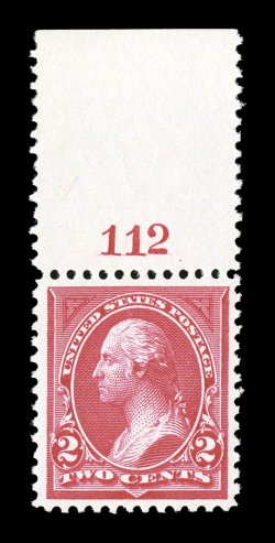250, 2c Carmine, Ty. I, choice top sheet-margin plate no. 112 single, radiant color and a deeply etched impression, well centered, pristine o.g., n.h., extremely fine photocopy
of a 2000 PF certificate for a strip of four, this being the left s