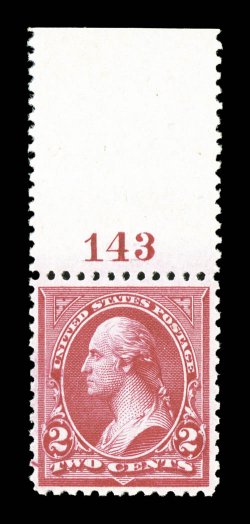 252, 2c Carmine, Ty. III, top margin plate no. 143 single, brilliant color, well centered and margined, o.g., n.h., choice very fine 1985 PF certificate.