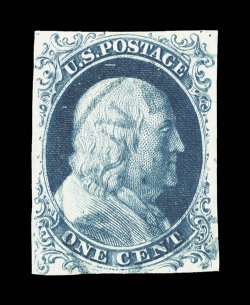 5A, 1c Blue, Ty. Ib, position 8R1E, being the other position that shows this types characteristics to their fullest, deep luxuriant color and a superbly detailed impression on
bright paper, close to large margins all around, light blue town can