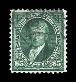 263, $5.00 Dark green, used, much better centering than typically found on this scarce and challenging high value, rich luxuriant color and a deeply etched impression, fairly
light cancel, very fine 1982 PF certificate.