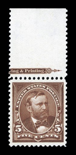 270, 5c Chocolate, top margin partial imprint single, very well centered within extravagantly large margins, strong rich color and a deeply etched impression, o.g., n.h.,
extremely fine 2008 PSE certificate (XF 90 Jumbo SMQ $420.00 for 90 and
