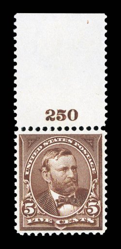 270, 5c Chocolate, top margin plate no. 250 single, exceptionally well centered, brilliantly rich color on fresh white paper, pristine o.g., n.h., extremely fine 1986 PF
certificate.