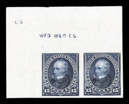 274a, 15c Dark blue, imperforate, an incredibly handsome and choice top left corner sheet-margin horizontal pair of this rare imperforate, featuring enormously large sheet
selvages, plus the other margins are wide and even, intensely rich color