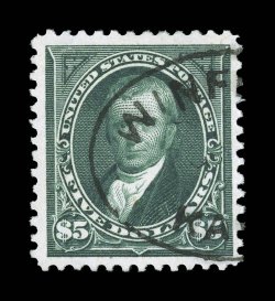 278, $5.00 Dark green, especially fresh used example, with rich luxuriant color and a razor-sharp impression on bright white paper, nicely centered within large margins,
lightly cancelled, very fine.