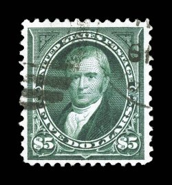 278, $5.00 Dark green, deep color and a highly detailed impression, well centered and margined, light duplex cancel, faint trace of a crease, otherwise very fine clear 2001 PF
certificate.