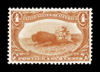 287, 4c Trans-Mississippi, a highly select mint single, beautifully centered amid exceptionally large and balanced margins, brilliant color and a strong impression, o.g., n.h.,
extremely fine gem 2008 PSE certificate (XF-Superb 95 SMQ $4,450.0