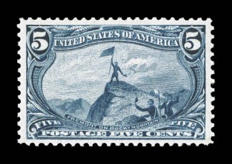 288, 5c Trans-Mississippi, excellent centering within wide margins, deeply rich color and a razor-sharp impression, o.g., n.h., extremely fine 2008 PSE certificate (XF 90 SMQ
$1,250.00).