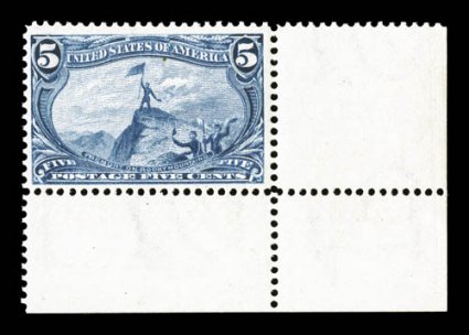 288, 5c Trans-Mississippi, striking bottom right corner sheet-margin mint example, marvelously bright and fresh, deep luxuriant color on crisp paper, well centered, pristine
o.g., n.h., very fine 2004 PF certificate.