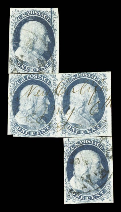 7 var., 1c Blue, Ty. II, the so-called Big Crack variety, reconstructed irregular block of four, consisting of two singles (positions 2L2 and 23L2) and a horizontal pair
(positions 12L2-13L2), each showing a clear portion of the most prominent