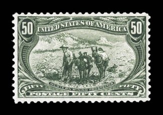 291, 50c Trans-Mississippi, a brilliant post office fresh mint example, possessing not only a wonderful overall freshness, but its color and impression are truly prooflike on
bright paper, exceptionally well centered within large margins, o.g.