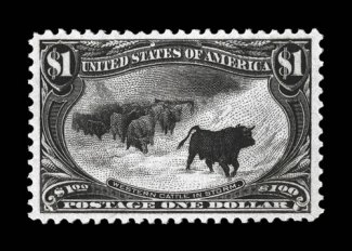 292, $1.00 Trans-Mississippi, a highly desirable mint example, possessing outstanding centering within wide margins, strong color and an excellent clarity of impression,
pristine o.g., n.h., extremely fine a lovely never hinged copy of this pop