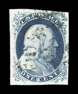 8, 1c Blue, Ty. III, used, large margins all around except just into the design at top right, deep color and impression, town cancel, trivial creasing at bottom right, very fine
appearance 1979 PF certificate.
