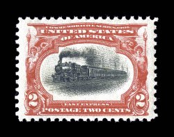 295, 2c Pan-American, an impressive jumbo-margined mint single, boasting huge margins all around and being quite well centered within them, intensely rich colors, o.g., n.h.,
extremely fine 2002 PF certificate.