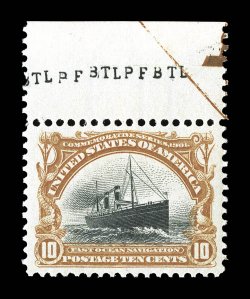 299, 10c Pan-American, an exceedingly choice quality top sheet-margin single, featuring impeccable centering within particularly large margins for this value, marvelously
bright fresh colors and sharp detailed impressions, pristine o.g., never h