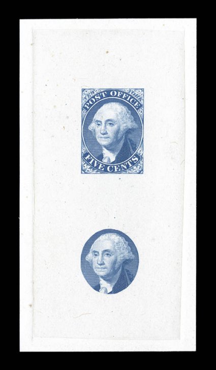 9X1TC1, New York, N.Y. Postmaster Provisional, Deep ultramarine large trial color proof on India mounted on thin glazed card, dot in P and Scar variety, card measuring 49x111mm,
fresh color, very fine.