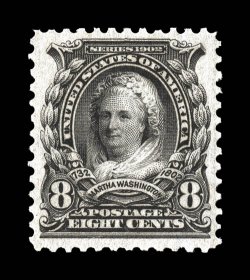306, 8c Violet black, exceptionally well centered within large margins, strong color in a dark shade, crisp detailed impression, o.g., n.h., extremely fine 2003 PSE certificate
(XF 90 SMQ $375.00).