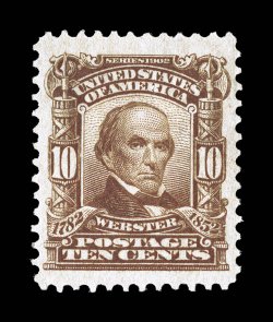 307, 10c Pale red brown, striking jumbo-margined mint example, boasting unusually wide margins all around and being wonderfully well centered within them, deep rich color,
o.g., n.h., extremely fine and striking 1988 PF and 2002 PSE certificate