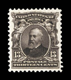 308, 13c Purple black, exceedingly well centered within large balanced margins, lovely rich color in an especially dark shade, highly detailed impression as well, pristine
o.g., n.h., extremely fine a highly desirable example 2008 PSE certific