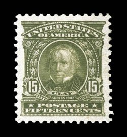 309, 15c Olive green, a stunning mint single that is the only stamp in the PSE population report to be awarded the lofty grade of Superb 98 Jumbo, the highest given to date,
possessing huge margins all around and being perfectly centered wit