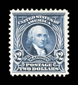 312, $2.00 Dark blue, an extraordinary quality mint example, boasting near perfect centering amid uncharacteristically large margins, prooflike color and impression on
immaculate paper, pristine o.g. with just the barest trace of a hinge mark, a