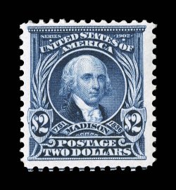 312, $2.00 Dark blue, unusually fresh mint single, deep rich color and crisp impression on pristine white paper, attractively centered, o.g., n.h., very fine actually a scarce
stamp in premium never hinged condition photocopy of a 1985 PF cert