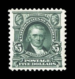 313, $5.00 Dark green, magnificently centered, with large perfectly balanced margins all around, intense color and an especially sharp impression on bright paper, o.g., lightly
hinged, extremely fine a gem example of this rare and popular high