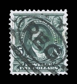 313, $5.00 Dark green, used, excellent centering within much larger margins than typically found on this high value, strong rich color and a sharp impression, extremely fine
1994 PF certificate and a 2007 PSE certificate (XF 90 SMQ $1,500.00).
