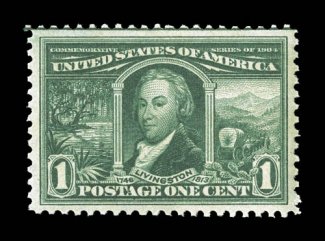 323, 1c Louisiana Purchase, wonderfully well centered within large margins, stunning color in an incredibly dark shade, prooflike impression as well, unblemished o.g., n.h., an
extremely fine gem 2000 PF certificate.