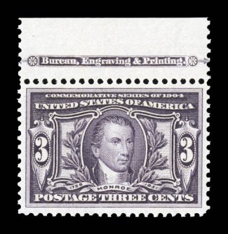 325, 3c Louisiana Purchase, handsome top margin imprint single, wonderfully well centered within large margins, strong rich color and a well incised impression, o.g., n.h.,
extremely fine 1999 PF certificate.