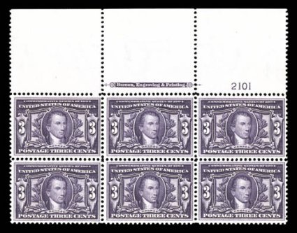 325, 3c Louisiana Purchase, impressive full top margin imprint and plate no. 2101 block of six, well centered, deep rich color on fresh white paper, o.g., n.h., very fine a
lovely full top example of this scarce plate block.