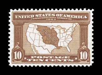 327, 10c Louisiana Purchase, a most desirable mint example, being remarkably well centered, lovely color that is particularly strong and rich, highly detailed impression,
unblemished o.g., n.h., an extremely fine gem 2007 PF certificate (XF-Sup
