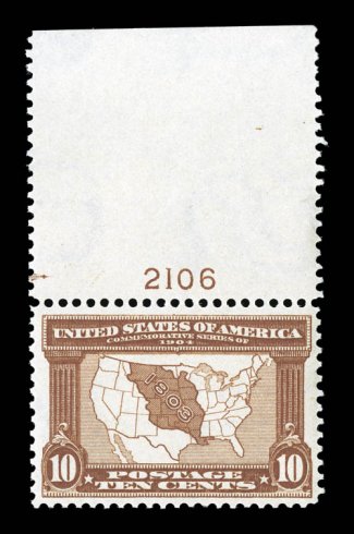 327, 10c Louisiana Purchase, a striking full top sheet-margin plate no. 2106 single, boasting an enormous sheet margin, as well as being extraordinarily well centered amid
considerably larger margins than typically found, brilliantly fresh and c