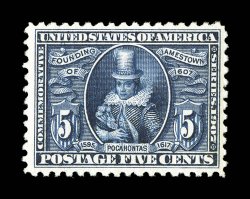 330, 5c Jamestown, uncharacteristically well centered for this always notoriously difficult stamp, deep luxuriant color and a razor-sharp impression on brilliantly fresh paper,
o.g., n.h., extremely fine for this 1982 PF and 2000 PSE certificat