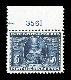 330, 5c Jamestown, top margin plate no. 3561 single, well centered within unusually large margins for this issue, strong color and a highly detailed impression on fresh paper,
o.g., n.h., extremely fine 1996 PF certificate.