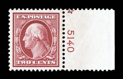332, 2c Carmine, an amazing right margin plate no. 5140 single, featuring especially large and perfectly balanced margins all around, plus its color is brilliantly rich with a
crisp detailed impression, pristine o.g., n.h., extremely fine a stu