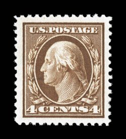 334, 4c Orange brown, a striking mint single, possessing remarkably large margins all around and being extraordinarily well centered within these impressive borders, rich
luxuriant color and a well defined impression, unblemished o.g., n.h., ext