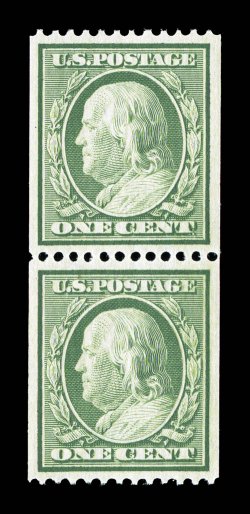 348, 1c Green coil, perf. 12 horiz., gem mint pair that is flawless centering amid large margins, attractive color, pristine o.g., n.h., extremely fine 1991 PF
certificate.