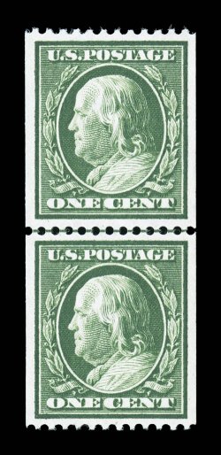 348, 1c Green coil, perf. 12 horiz., highly select mint guide line pair, excellent centering amid large margins, outstanding prooflike color and impression, unblemished o.g.,
n.h., extremely fine a very scarce line pair in this exceptional qual