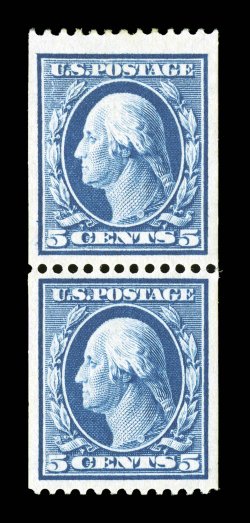 351, 5c Blue coil, perf. 12 horiz., pair, excellent centering within uncharacteristically large margins, deep rich color, o.g., l.h., extremely fine 2001 PF
certificate.