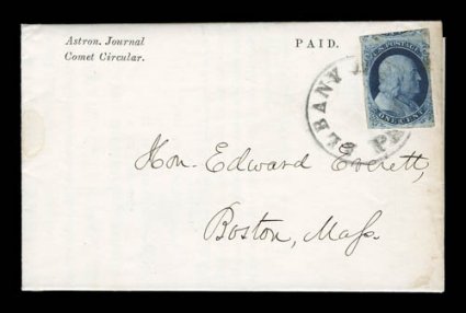8A, 1c Blue, Ty. IIIa, position 54R4, very large margins on three sides, just in at fourth margin at right, tied by Albany, N.Y., Paid circular handstamp on fresh July 29, 1857
Astronomical Journal printed circular by famous astronomer Dr. C