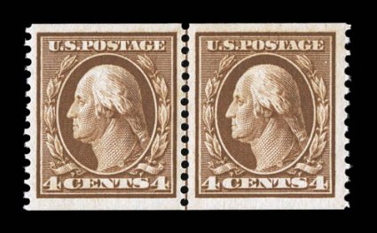 354, 4c Orange brown coil, perf. 12 vert., guide line pair, well centered and margined, strong rich color, o.g., l.h., choice very fine 2007 PSE certificate (VF-XF 85 SMQ
$1,850.00).