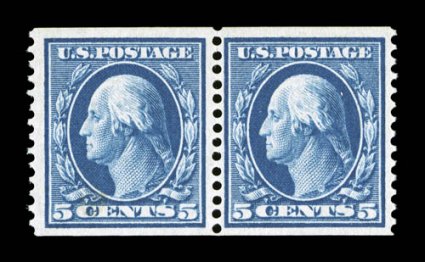 355, 5c Blue coil, perf. 12 vert., mint pair, nicely centered, beautiful color and a detailed impression on pristine white paper, o.g., n.h., very fine 1995 and 2006 PSE
certificates (the latter grading VF 80 SMQ $1,300.00).